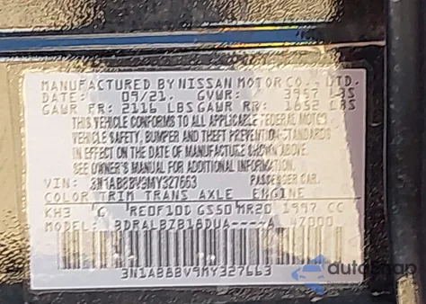 2021 Nissan Sentra S Xtronic Cvt z USA, uszkodzony, nr VIN 3N1AB8BV9MY327663